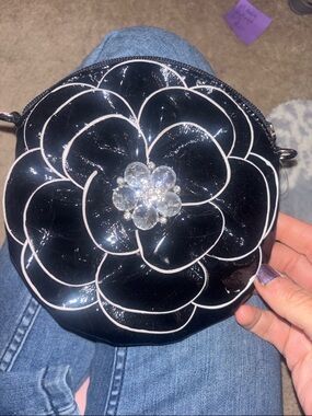 Black Patent Floral Mini Crossbody Bag with Crystal Accent